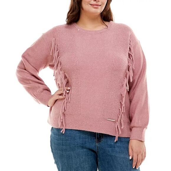 Adrienne Vittadini Pullover Sweater Womens L Dusty Pink Fringed‎ Ribbed Knit - Picture 1 of 12
